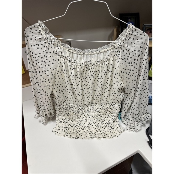 Anthropologie Blouse Women's Sz M Cream Black Swiss Dot Smocked Off the Shoulder - Picture 1 of 7